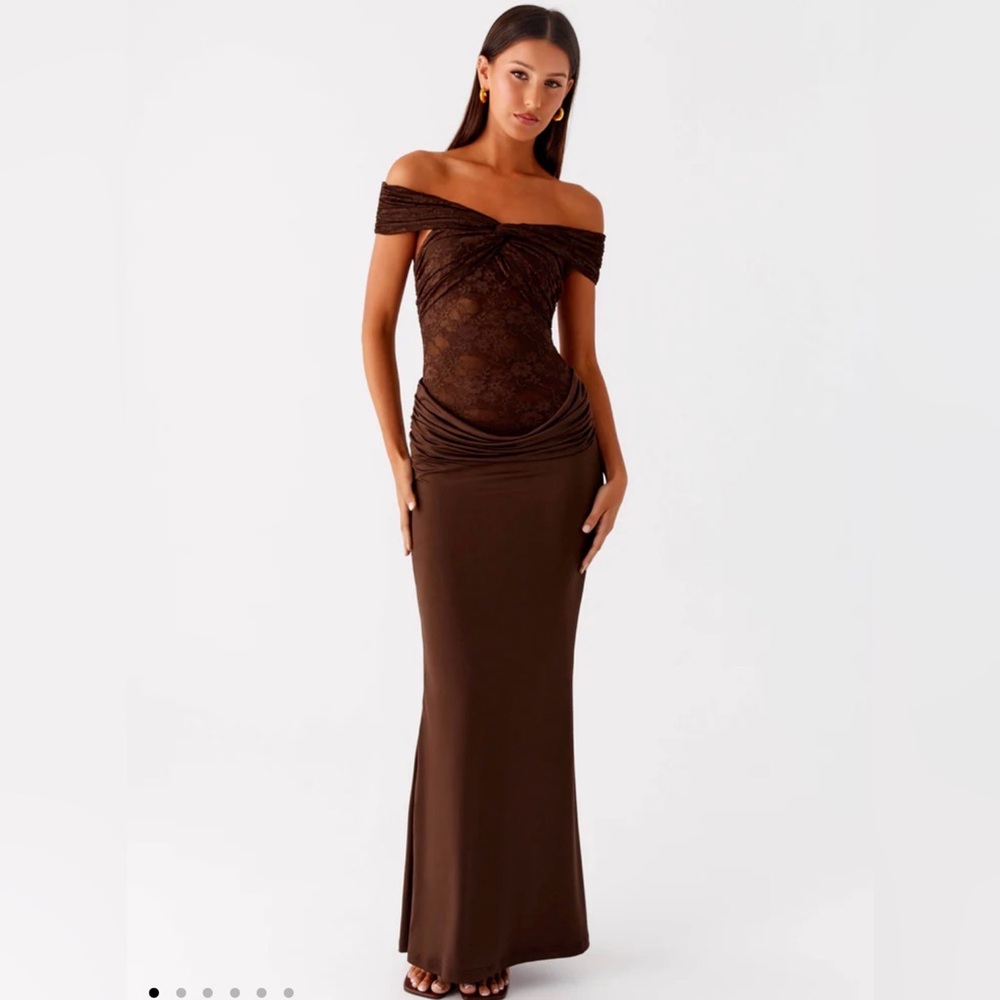Peppermayo Chocolate Brown Off-Shoulder Lace Detail Gown